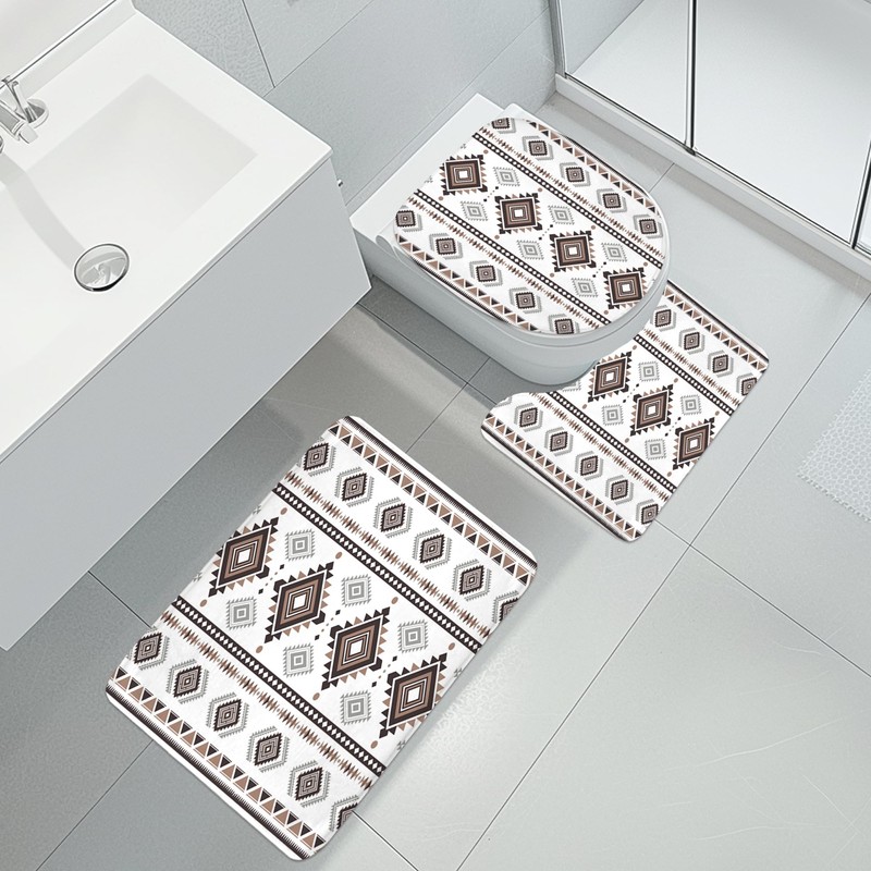 4PCS Western Aztec Shower Curtain Set Abstract Bathroom Set with
