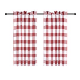 Simple Deluxe Buffalo Check Kitchen Tier Curtains, Plaid Gingham Small Curtain for Half Cafe Windows, 26" W x 36" L, White and Red