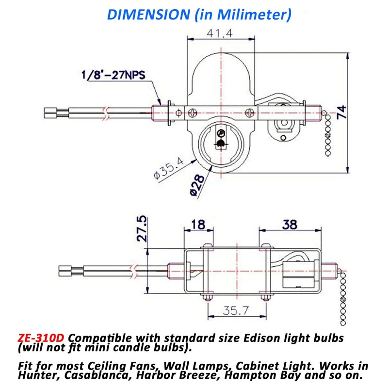 Ceiling Fan Switch ZE-310D Light Socket Pull Chain Switch, Compatible