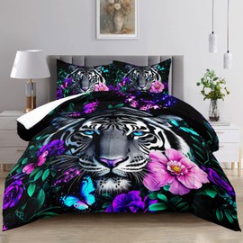 Raphus cucullatus Tiger Print Comforter Set Queen,Wildlife Animal Print Comforter Set Bed in a Bag,Quilt Bedding Set Flower,Tropical African Animal Bedding Queen Bed