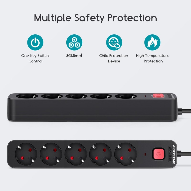 Aigostar 5-Way Power Strip with Switch, Multiple Socket with Child