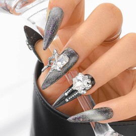 Sethexy Black Handmade Press On Nails Long Stiletto Cat Eye False Nails Rhinetone Salon Acrylic Fake Nail for Women and Girls 10PCS (Black1)