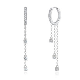 Loutade Silver Hoop Earrings Chain for Women, 925 Sterling Silver Hoop Earrings with Tassel Chain Dangle Earrings, Dainty CZ Silver Drop Hoop Earrings, Cartilage Sleeper Silver Chain Hoop Earrings