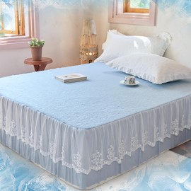 YOUR MOON Cooling Fitted Sheet Queen Size for Summer– Ultra Soft Cold Fitted Sheet for Hot Sleepers Night Sweats, Deep Pocket Cooling Sheet, Decorative with Ruffle Lace Look –Blue