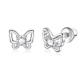 925 Sterling Silver Birthstone Butterfly Screwback Stud Earrings Hypoallergenic Safety Back Earrings, Silver, Cubic Zirconia