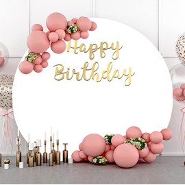 Laeacco Happy Birthday White Round Backdrop Cover 7.5x7.5ft Fabric Birthday Party Solid White Background Birthday Party Decor Supplies Dessert Table Banner Kids Adults Portrait Photo Studio