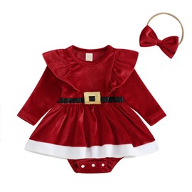 Gaono Baby Girl Christmas Romper Dress Red Velvet Long Sleeve Ruffle Jumpsuit Boho Bodysuit With Skirt Fall Winter Clothes (H-Red, 0-3 Months)