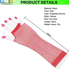 LRMYS Elastic Long Fishnet Gloves, One Size Fingerless Net Mesh Gloves 80s Hand Gloves for 80s Fancy Dress Costume Accessory Party Supplies, Red 1 Pairs