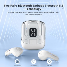Auriculares inalámbricos Bluetooth 5.5, dos pares de auriculares estéreo de graves HIFI con cancelación de ruido, visualización LED de alimentación en los oídos, impermeables, 120 horas de