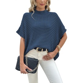 Pink Queen Oversized Sweaters for Women Batwing Short Sleeve Oversized Knit Top Pullover Sweater Vest Dark Blue S