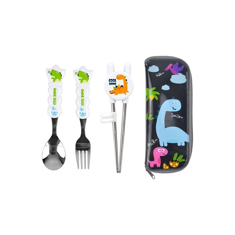 (KitchenU) Baby Toddler Cutlery Dinosaur Training Chopsticks Spoon and Fork