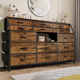 Dresser for Bedroom with 14 Drawers, 55" W Dresser with Side Pocket, Fabric Dressers & Chests of Drawers with Shelves, Sturdy Frame, Wood Top
