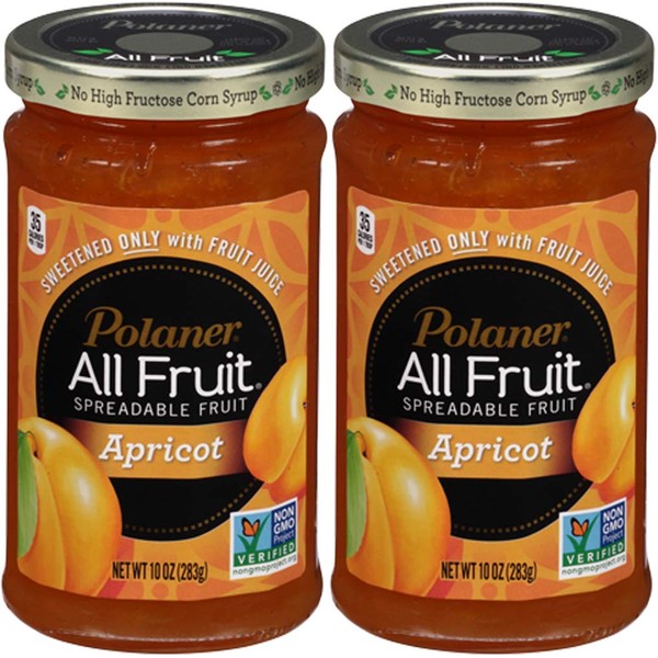 Polaner Apricot All Fruit, Spreadable Fruit Apricot, Sweetened Only With Fruit Juice, 10oz Glass Jar (Pack of 2, Total of 20 oz)