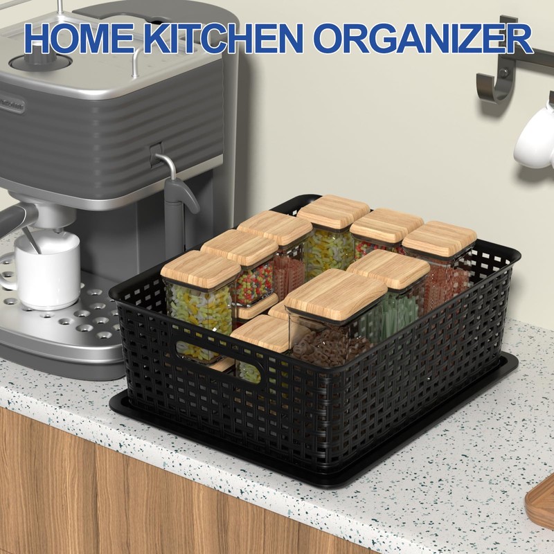 6-Pack Plastic Storage Baskets with Lid, Organizer Bins, Black