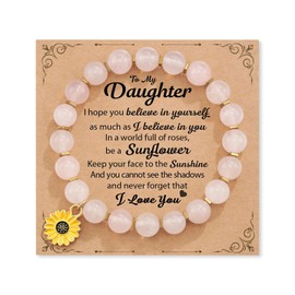 Daughter Gifts from Mom Natural Stone Sunflower Bracelet Pink Crystal Bracelet for Girls (B: light pink bracelet)