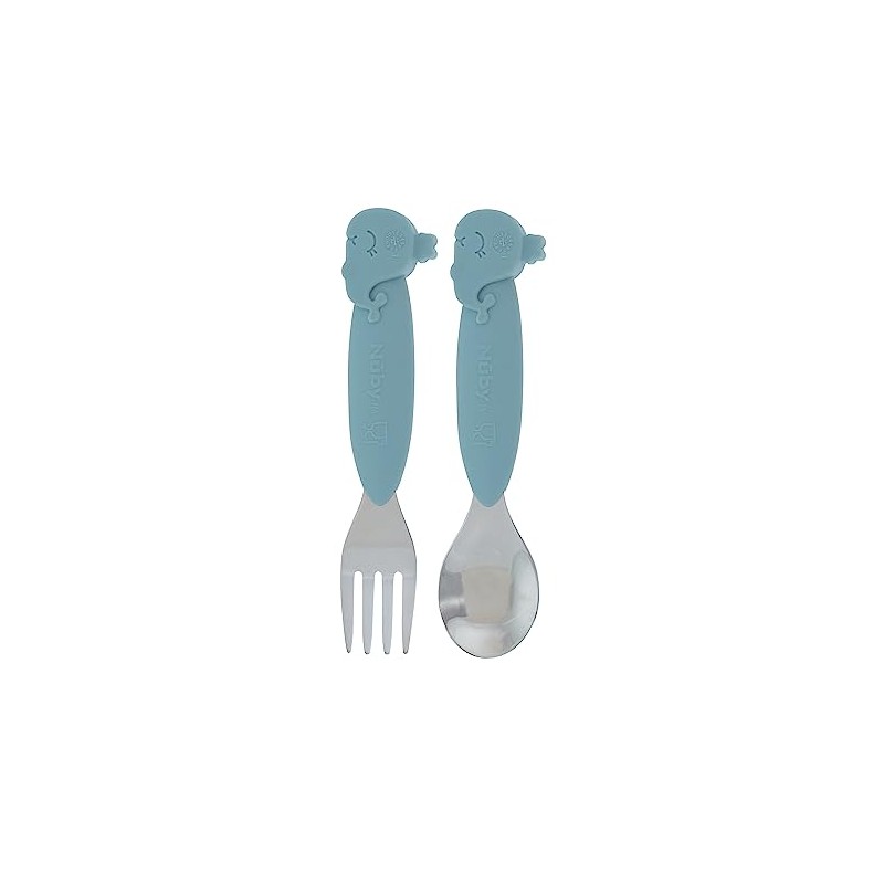 Nuby Animal Friends Silicone and Stainless Steel Fork and Spoon