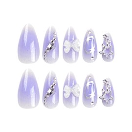 24Pcs Almond Press On Nails，Almond Shaped Press On Nails，Almond Nails Press On Medium Almond Nails Purple Glitter Fake Nails with White Bow&Star Charm Designs Artificial Nails Stick on Nails For Women