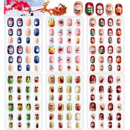 Kalolary 144pcs Christmas Children's False Nails Press on Nail, Children's Full Cover Short False Fingernails 3D Santa Claus Snowman Christmas Tree for Girls Children Nail Art Decoration