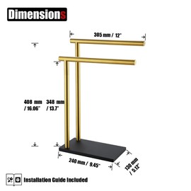 JQK Hand Towel Holder Stand Brushed Gold, Modern Tree Rack Free Standing for Countertop with 12 Inch 2 Bars, 304 Stainless Steel Golden, HTT172-BG