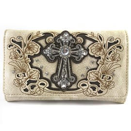 Zelris Western Floral Blossom Cross Women Crossbody Wrist Trifold Wallet (Beige)
