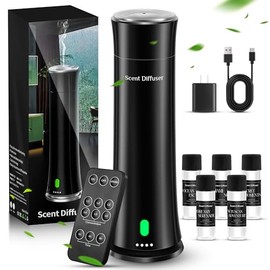 Waterless Scent Diffuser Kit — Covers 1,500 sq. ft. Suitable for Large Rooms, Home, Offices, and Hotels. Includes Five Essential Oils and Remote Control. Black