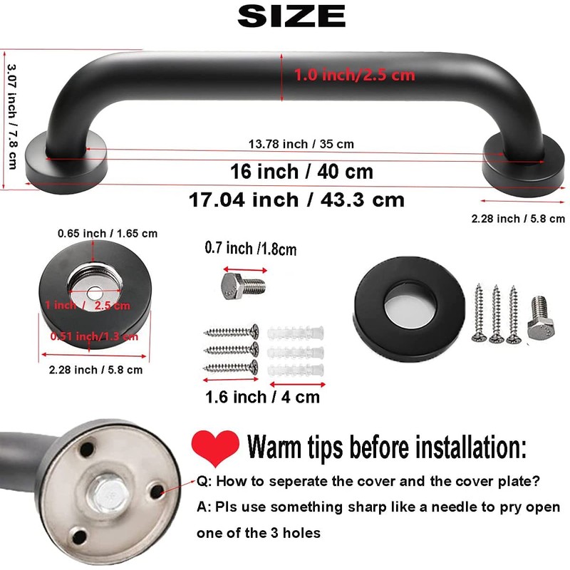 2 Pack Black Grab Bar 16 Inch - 1" Diameter,