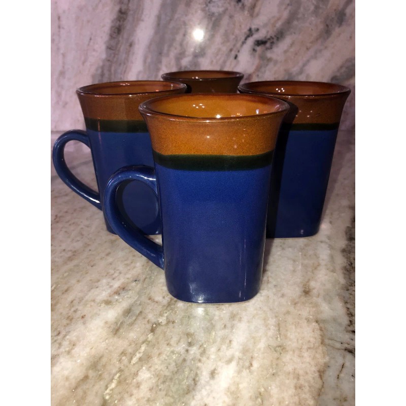 Royal Norfolk Blue/Brown Stoneware Coffee Mugs Dinnerware Cups-Set Of 4-SHIP24H