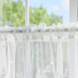 WUBODTI 2pcs White Lace Sheer Kitchen Valance Curtains for Windows 24 inch Length, Vintage Sheer Cafe Curtains Short Floral Embroidered Window Valance for Living/Dining Room Bathroom Closet