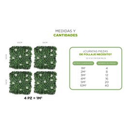 Follaje Artificial Calidad Premium, Muro Verde para Pared Interior y Exterior Sol y Sombra, 4 Piezas 50x50 cm, Plantas Decorativas hogar fácil de Instalar y Remover Mod. Flor Blanca