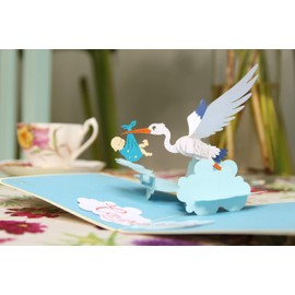 CUTE POPUP - New Baby Boy Card Pop Up with 3D Unique Stork Delivering Baby Design, Thinking of You Cards Pop Up, Announcement Card, Get Well Soon Card, Perfect Present for Couple, Family and Friends