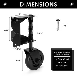YONSIN 4.3" Heavy Duty Gate Caster Wheel with Spring Loaded for Wooden Gate Fences, Gate Caster with 360° Swivel, Right-Angel Mount Plate for Metal Gate, Yard Fence, 220 Lbs Capacity, L&R, Black