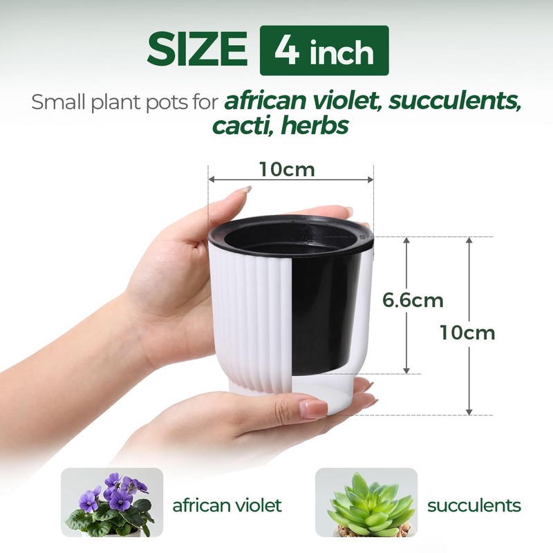 T4U 4 Inch Plant Pots Self Watering, 6 Pack African
