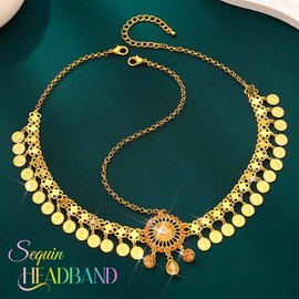 Catery Gold Coins Head Chain Jewelry Gypsy Headpiece Boho Sequin Cotusme Accessories for Women (Small Coin)
