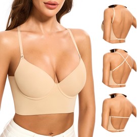 Low Back Bra for Women-Invisiable Backless Bras-Lightly Lined No Show Open Back Low Cut Bra Multiway Halter Bras(Nude, 34C)