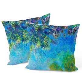 Berkin Arts Decorative Square Throw Pillow Covers Farmhouse Cushion Cases Designed of Art Flower Floral,Polyester Blend. Pack of 2, 18x18 Inch. Washable Green for Coffee (Wisteria by Claude Monet)