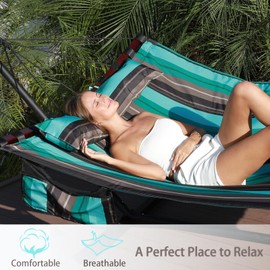 TegerDeger 12FT 2 Person Hammock Large Hammock 450LB Capacity with V Shaped Hardwood Spreader Bar & Nylon Rope for Outside, Patio, Garden, Backyard, Beach, Poolside - Teal Stripes