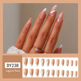 24 Pcs Snowflake Fake Nails Medium with White Nail Tips Designs, Almond Shaped Christmas Press on Nails Glossy Full Cover Glue on Nails with White Snowflakes Design for Women Girls