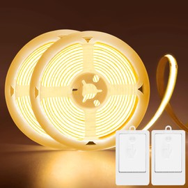 BSGlobal 2 Pack COB LED Strip Light Battery Operated, 6.6Ft 640 LED High Bright Strip Lights, Flexible Cuttable Wireless Click Light for Cabinet Wardrobe Kitchen Bedroom - 2700K Warm White