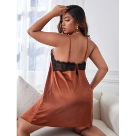 MakeMeChic Women's Plus Size Satin Slip Nightgown Lace Trim Silk Cami Night Dress Sleepwear Rust Brown 1XL
