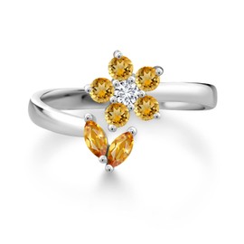 Gem Stone King 925 Sterling Silver Yellow Citrine and White Lab Grown Diamond Flower Open Ring For Women (0.54 Cttw, Gemstone November Birthstone, Available In Size 5, 6, 7, 8, 9)