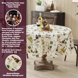 Newbridge Wine Tasting Vinyl Flannel Backed Tablecloth, French Wine Bottles and London Spirits Print, Easy Care Wipe Clean Indoor Outdoor Table Cover, 70 Inch Round
