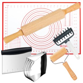 Wooden Rolling Pins for Baking, Small Dough Roller with Handle, Stainless Steel Pastry Blender Set with Pizza Dough Roller Docker, Pastry Cutter, Dough Cutter, Baking Mat, for Home Kitchen Cooking