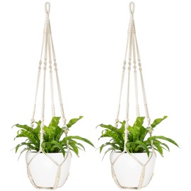 Mkono Mkono 43 Inch Macrame Plant Hanger Large for up to 12 Inch Pot Extra Long Hanging Plant Holder No Tassels Hanging Planter Basket with Wood Beads for Indoor Outdoor Boho Home Decor, Ivory, Set of 2