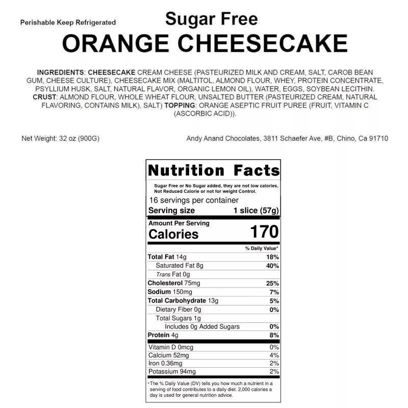 Andy Anand's Gourmet Sugar Free Orange Cheesecake 9" (2 lbs)