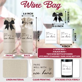 House Warming Gifts for New Home, Housewarming Gifts for Women Men, Pairs Well with A New Home Wine Bag, Burlap Drawstring Wine Bottle Gift Bag with Bow for Christmas Gift Ideas-B16