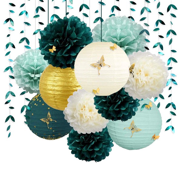 Green and Gold Hanging Tissue Lantern Flowers Pom Pom with 3D Butterflies and Leaf Garland Streamer for Botanical Wedding Bridal Baby Shower Birthday Engagement Bachelorette Party Decorations Supplies