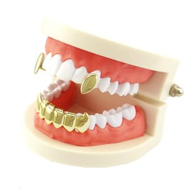 18k Gold Plated Vampire Dracula Teeth Grillz 2pc Single Fangs and 6 Bottom Grillz Set