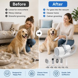 Pet Grooming Vacuum Kit for Dogs & Cats – Hair Removal Suction Tool with Clippers & Brushes for Home Grooming