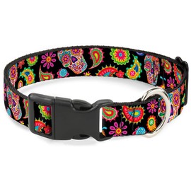 Buckle-Down Plastic Clip Collar - Bobo Sugar Skull/Paisley Black/Multi Color - 1/2" Wide - Fits 6-9" Neck - Small