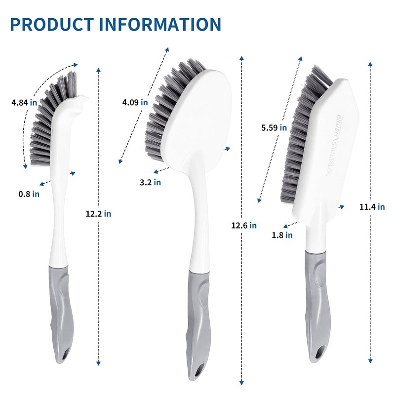 3 Pack Heavy Duty Scrub Brush Set, Curved Corner Brush